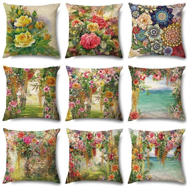 

pillow case european style warm flowers thick linen office nap cushion sofa