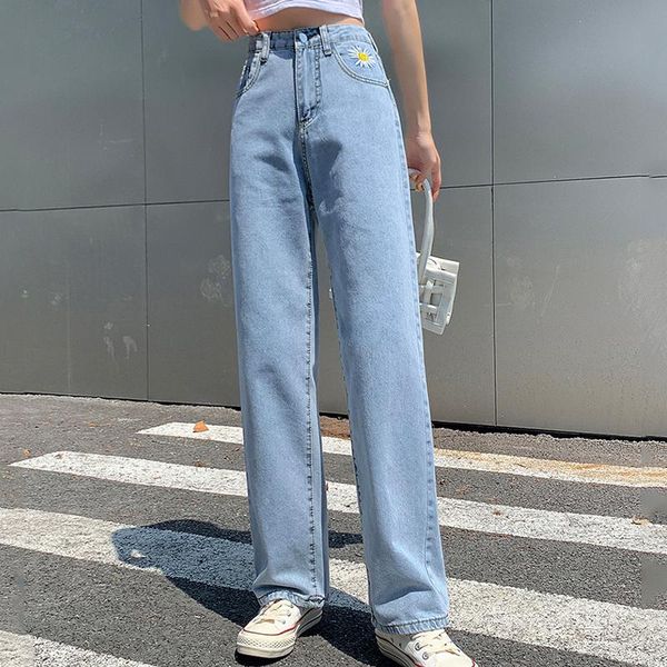 

women's jeans high waist 2021 summer thin baggy long wide leg pants full length blue with embroidery loose casual denim trousers