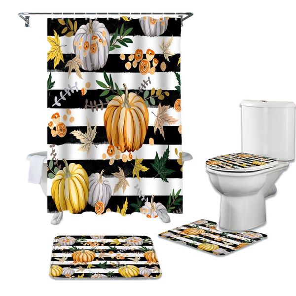 

shower curtains thanksgiving pumpkin stripes curtain sets non-slip rugs toilet lid cover set waterproof bathroom