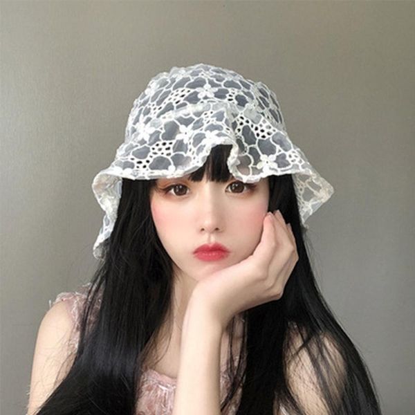

wide brim hats women lace floral bucket cap female summer hollow out transparent sweet girl lady beach hat, Blue;gray