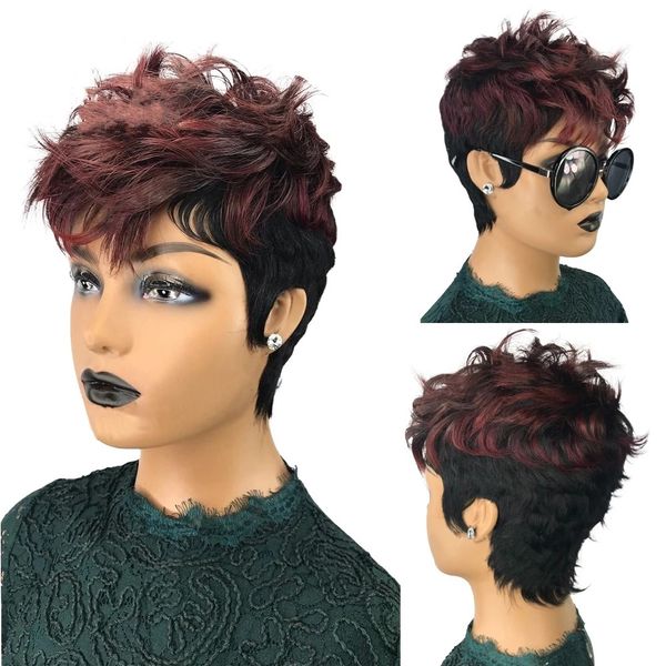 Parrucca di capelli umani peruviani con frangia per le donne nere Borgogna 99J Ombre Colore Corto ondulato Bob Pixie Cut Full Machine Nessuna parrucche di pizzo