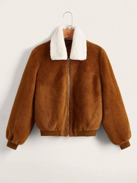 

zip up contrast collar jacket l5kq#, Black;brown