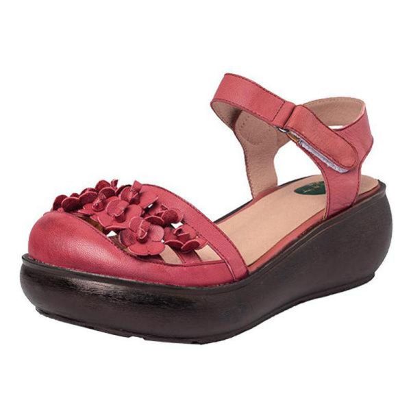 

yourseason female thick platform beach sandals genuine leather loop women retro flower casual wedges red 2021 summer, Black