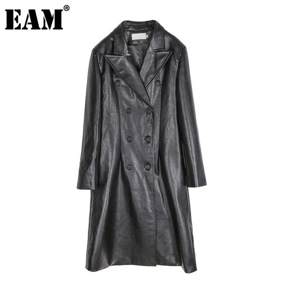 

women's trench coats [eam] women black pu leather split long lapel sleeve loose fit windbreaker fashion spring autumn 2021 1da477, Tan;black