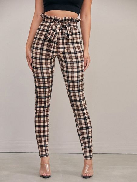 

paperbag waist tie front tartan skinny pants b5m4#, Black;white