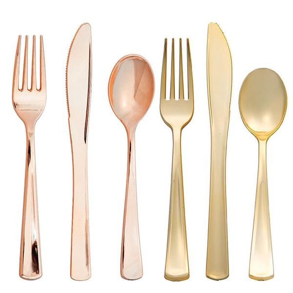 

8/16pcs rose gold disposable tableware plastic spoon fork knife birthday wedding table decor baby shower party supplies dinnerware