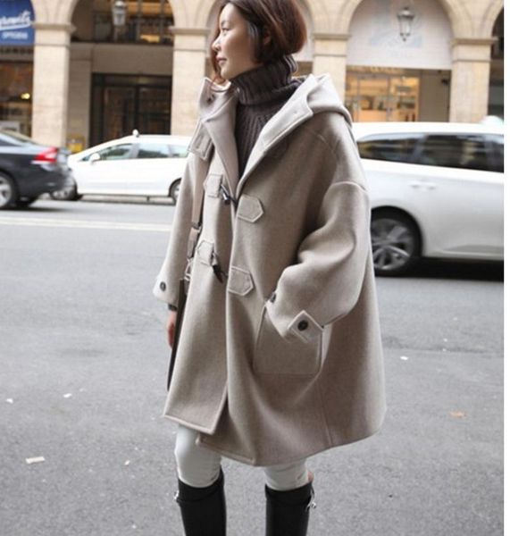 

women's wool & blends thin autumn and winter hooded woolen coat for female students korean college style long horn buttoned, Black