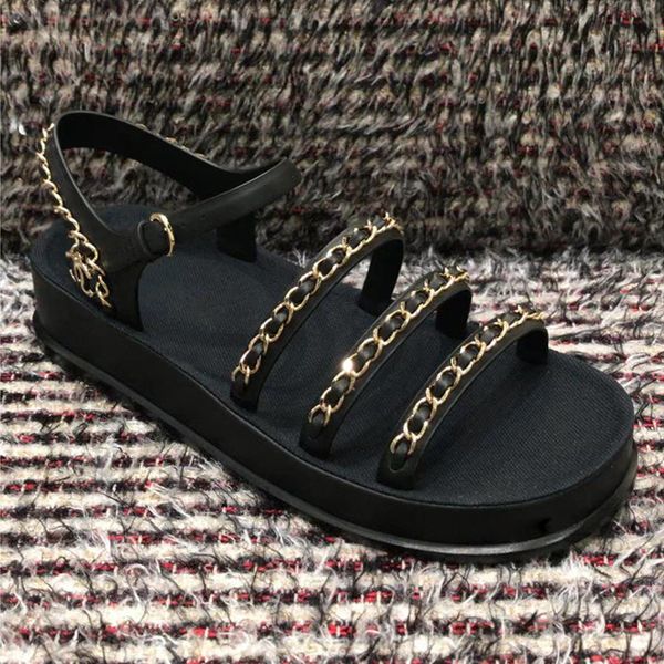 

2021 women's shoes summer sandals luxury thick-soled round toe lazy word buckle strap beach shoe flat chain decoration open-toed black