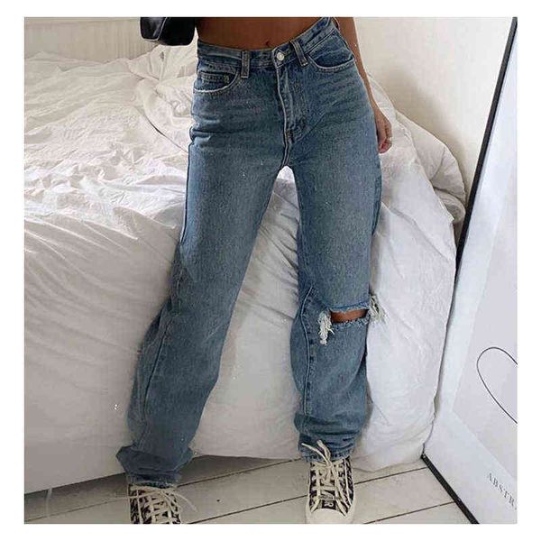 

denim ripped jeans for women cargo pants mom jean high waist fashion holes thin 's baggy long trousers 211129, Blue