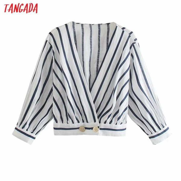 

tangada women retro striped print crop shirt button long sleeve summer chic female shirt 5z103 210609, White