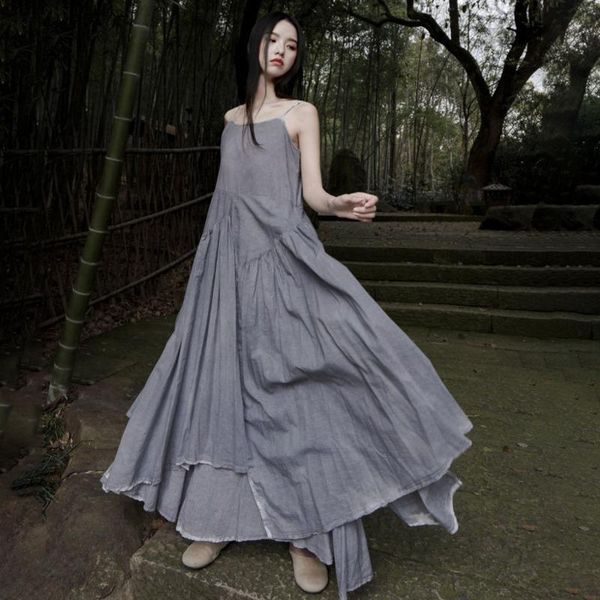 

casual dresses [ewq] irregular double-layer large swing spray dyeing suspender long dress women gray blue fashion tide 2021 summer gd829, Black;gray