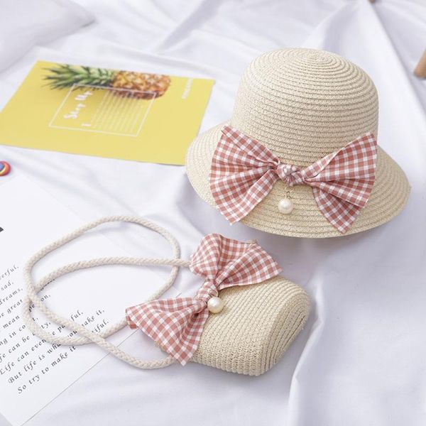 

caps & hats 1set kids girls sun protection beach hat summer bucket straw bowknot handbag, Yellow