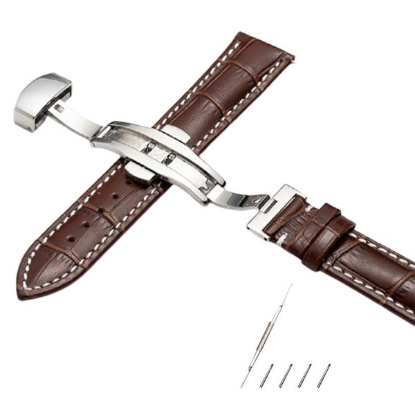 

watch bands faux cow leather with bow buckle soft 20mm 22mm professional strap sweatproof easy install waterproof watchband alligator, Black;brown