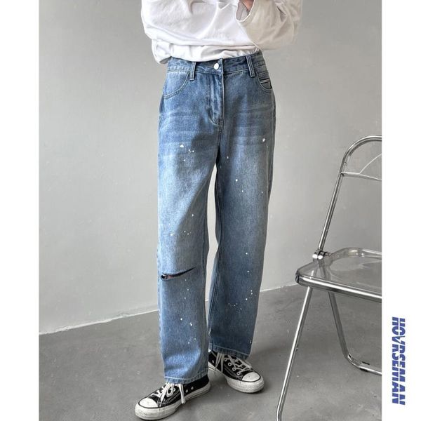 

men's jeans 2021 light blue baggy homme straight pants classic hole wash black color casual biker denim trousers -5xl