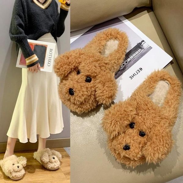 

fur dog slippers 2021 cute cartoon animal women winter warm plush home fluffy slides cotton house shoes, Black