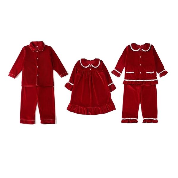 Ankunft weicher Geschwister-Match-Pijama Jungen- und Mädchen-Kleidungsset Weihnachten roter Samt-Kinderpyjama 211023