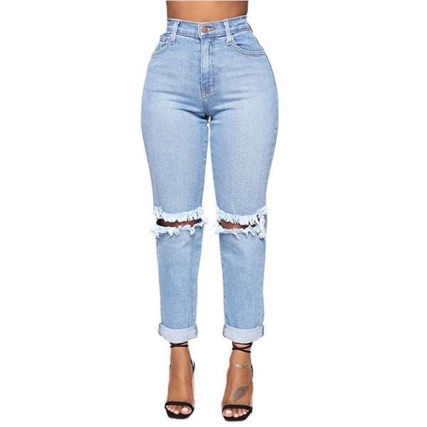 

women's jeans ripped pants women large size boyfriend jean skinny high waist mom hole straight leg trousers, Blue