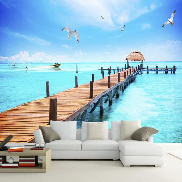 

wallpapers drop custom 3d po wallpaper sea wooden bridge sailing ships seagulls scenery mural bedroom wall paper de parede