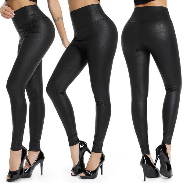 QNPQYX Neue Frauen Stretch Kunstleder Leggings Femme Schwarz PU Leder Neun Hosen Damen Sexy Hohe Taille Schlank Push-Up Legging