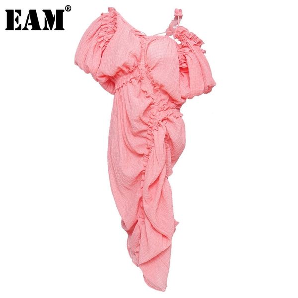 

[eam] women pleated irregular midi dress asymmetrical collar short sleeve loose fit fashion spring summer 1u862 210512, Black;gray