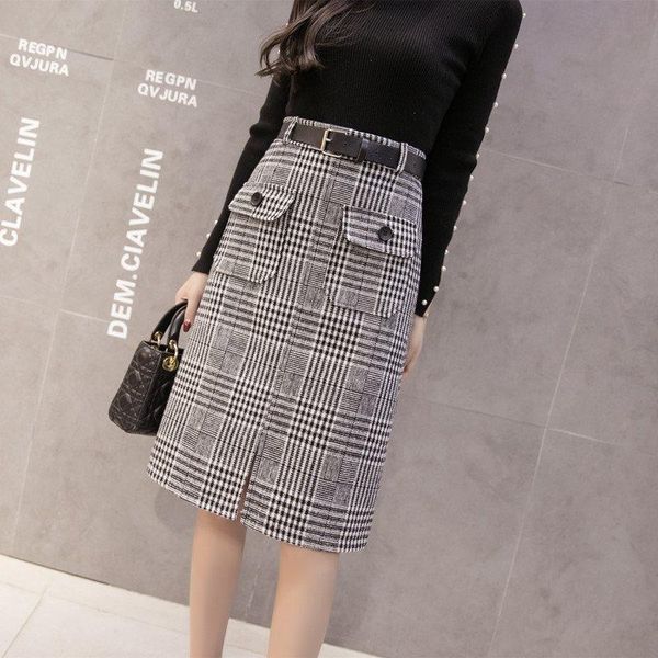 

skirts hanyiren women high waist split plaid skirt belted pockets midi 2021 autumn winter elegant office lady casual wear, Black