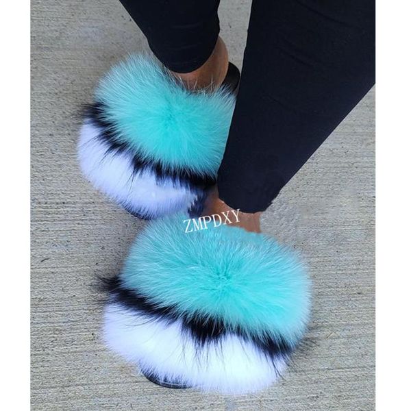 

arrival girl fluffy fur slippers summer raccoon shoes flip flops flat furry slides outdoor sandals, Black