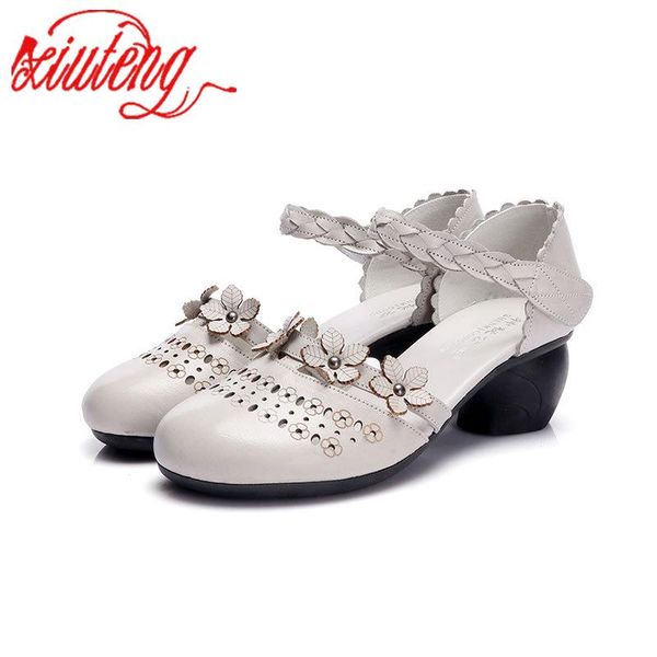 

sandals glglgege 2021 genuine leather thick heel shoes women's fashion flower high heels mid, Black