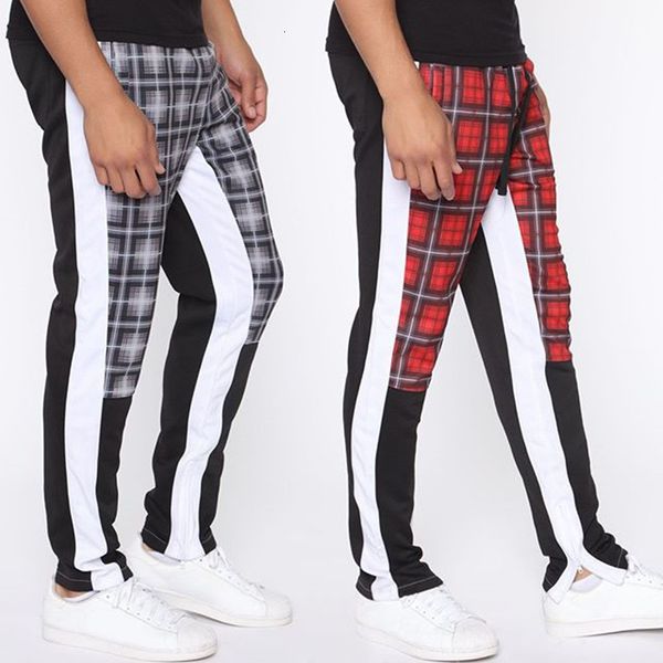 

pants trousers camouflage stitching leisure sports fashion brand men's leg zipper plaid fitness, Black