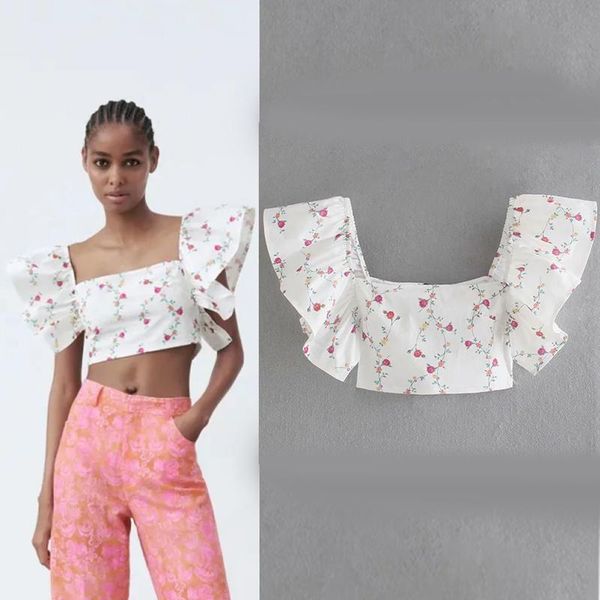 

women's blouses & shirts arrival stylish design short ruffles sleeve backless pullover casual ladies blouse floral print shirt, White