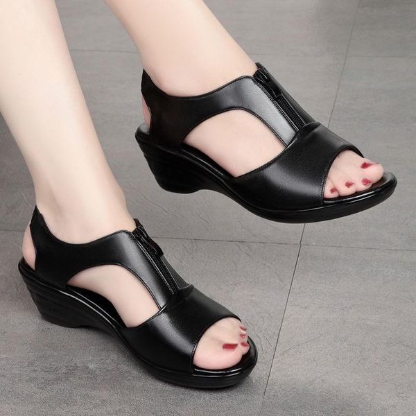 

summer light weight women's sandals thick sole slope heel buckle gladiator shoes dress, Black