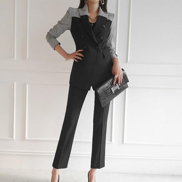 

women's two piece pants 2021 autumn fashion set plaid stitching double breasted blazer and office ol two-piece suit, White