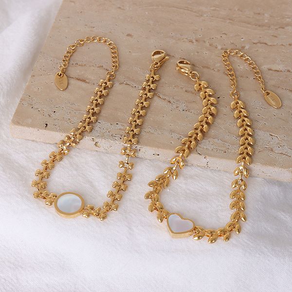 

french ins wind popular wheat ear white sea shell circle love peach heart titanium steel chain girlfriends bracelet, Golden;silver