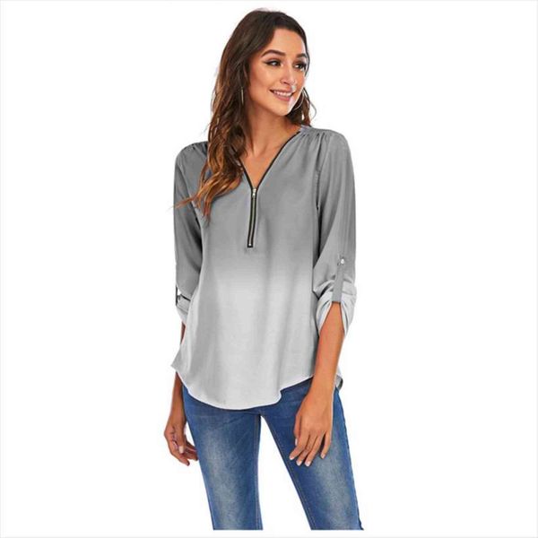 

gradient print long roll womens shirts sleeves casual v neck zipper large sizes 5xl lady chiffon blouses spring, White