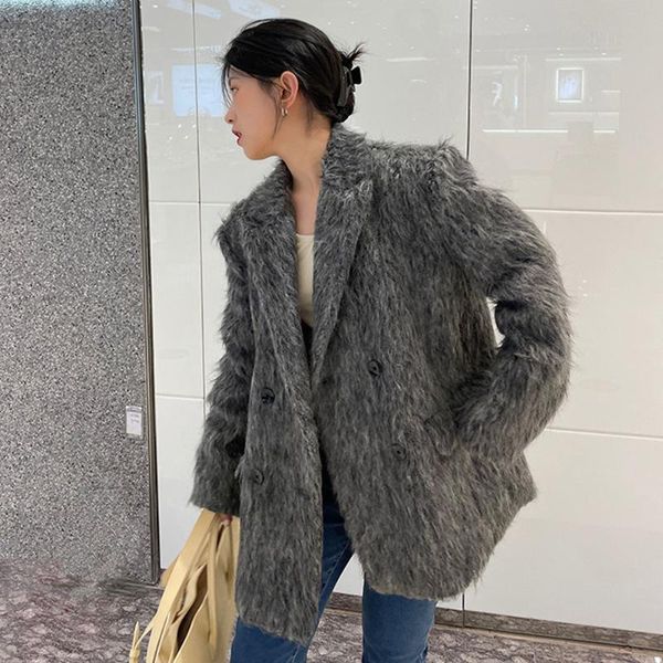 

women's wool & blends 2021 winter short high-quality design korean gray fur coat retro suit woolen women, Black