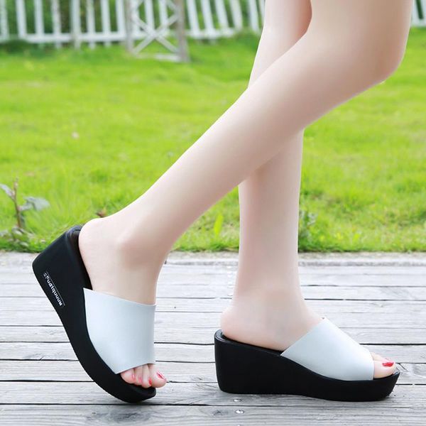 

woman slippers women platform peep toe high heel female home leather shoes, Black