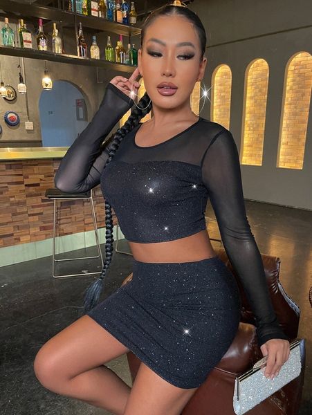 

sxy mesh insert crop glitter & bodycon skirt 77qf#, White