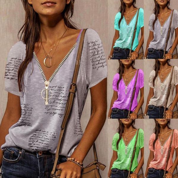 

women's t-shirt fashion loose plus size s-5xl big circle shirt neck sleeve letter printed zipper short v w6l4, White
