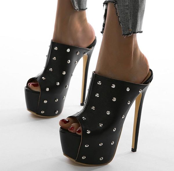 

slippers 2021 women's shoes rivet waterproof platform thin high heel fish mouth cool, Black
