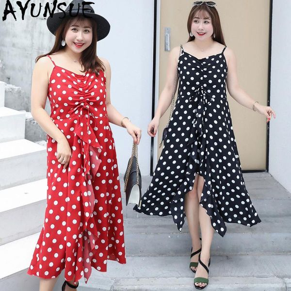 

plus size summer dress for women korean polka dot casual beach long dresses spaghetti strap party vestido kj2090, Black;gray