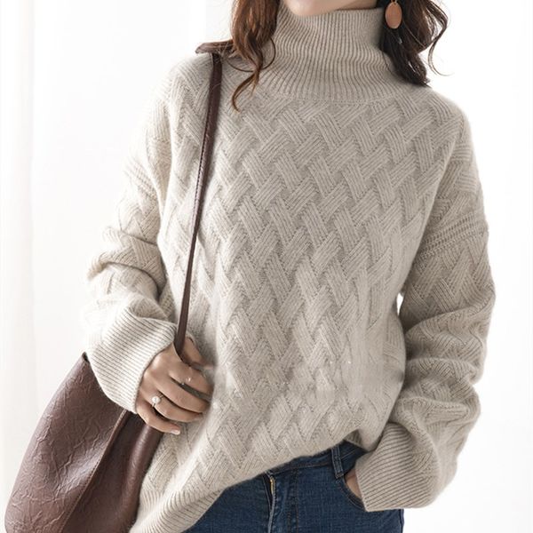 

autumn and winter cashmere sweater women high neck pullover loose large size thick sweater 100% wool mid-length sweater, White;black