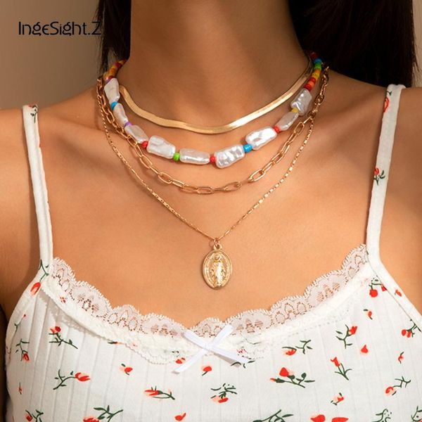 

chains ingesight.z 4pcs/set irregular imitation pearl chain rainbow seed beaded choker necklaces virgin mary pendant jewelry, Silver