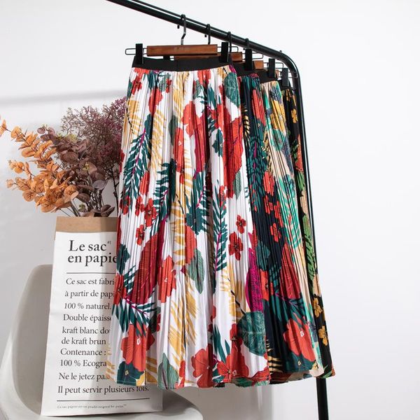 

skirts autumn bohemian floral print womens summer korean vintage high waist pleated skirt quality all-match long, Black