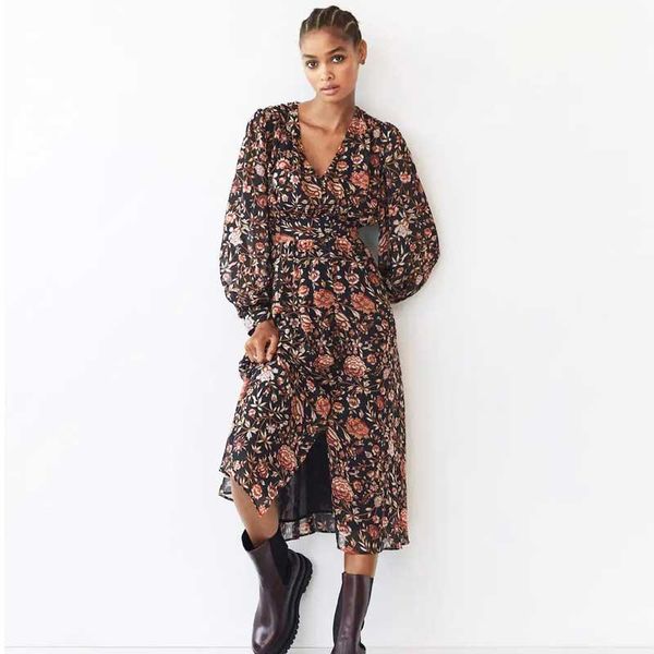 

floral print dress women v-neck long sleeve pleated details boho slit front spring summer 2021 casual dresses, Black;gray