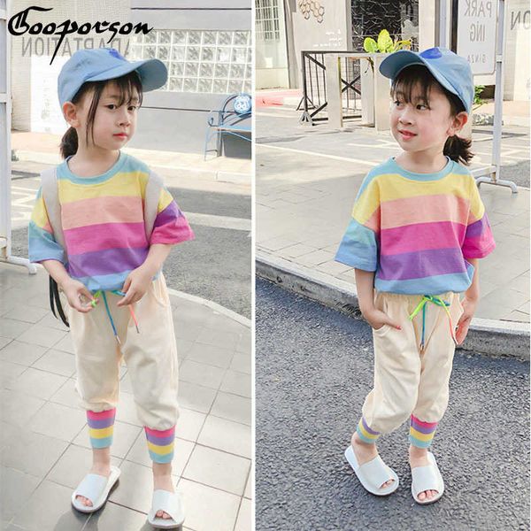 Roupas de verão terno arco-íris t camisa e calças longas tracksuit para crianças bebê roupas conjunto estilo de moda conjuntos básicos 210715