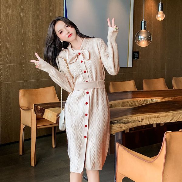 

dress elegant sweater women autumn bow collar single-breasted long sleeve knit chic lady winter p-161, Black;gray