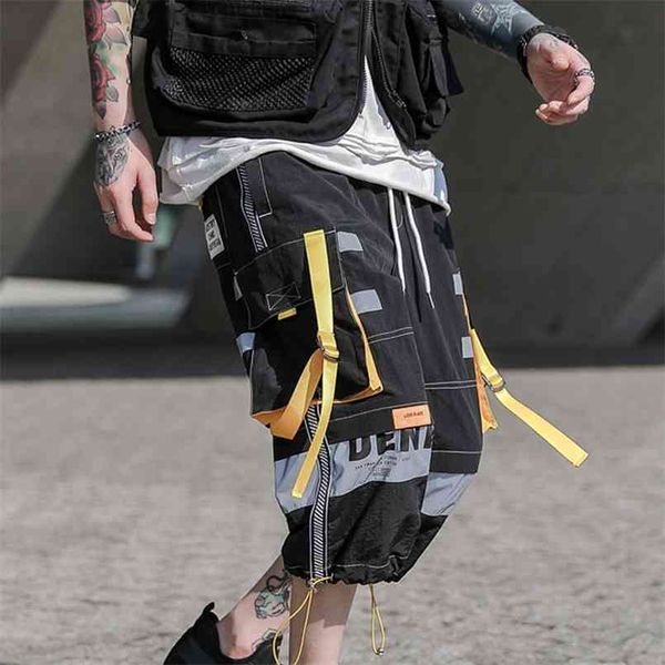 

arrival multi pocket hip hop shorts men ribbon elastic waist harajuku streetwear mens cargo short pants male 210716, White;black