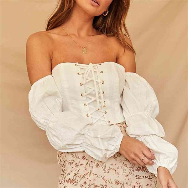 

summer women's shirt casual solid color rope design strapless short 210430, White