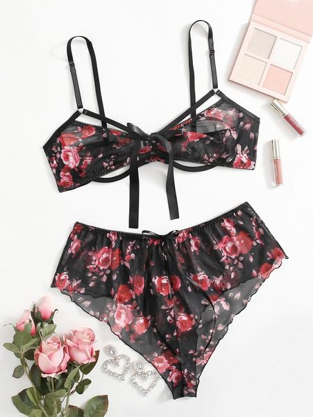 

plus floral print mesh underwire lingerie set g4sr#, Black;white