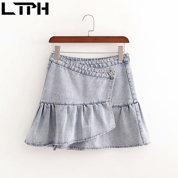 

vintage distressed ruffles denim skirt high waist a-line all-match casual package hip mini women skirts autumn 210427, Black