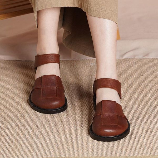 

women leather sandals flat heels shoes summer retro genuine shoe ankle strap for lady handmade dress, Black